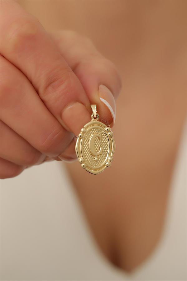 14 Ayar Altın Ç Harfli Retro Kolye Ucu