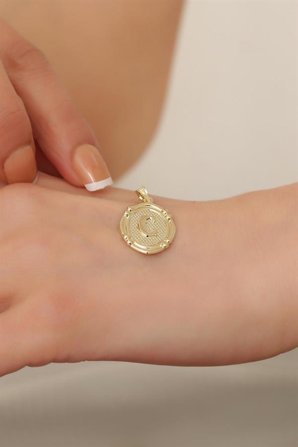 14 Ayar Altın C Harfli Retro Kolye Ucu