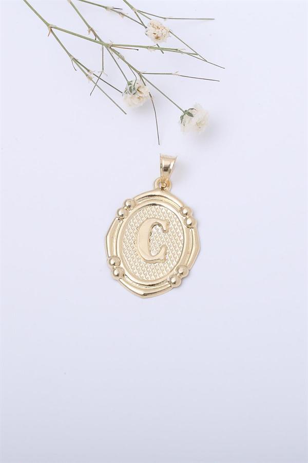 14 Ayar Altın C Harfli Retro Kolye Ucu