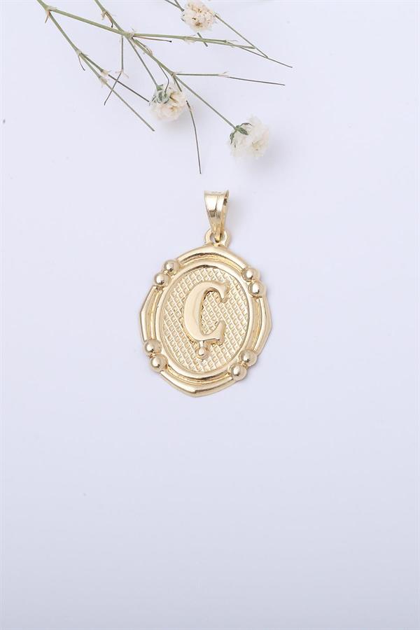 14 Ayar Altın Ç Harfli Retro Kolye Ucu