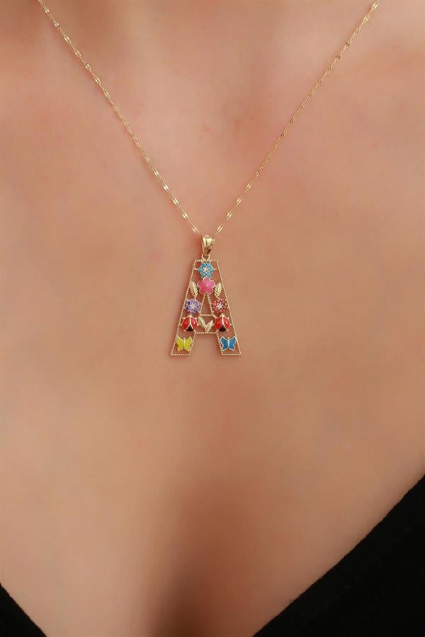 14 Ayar Altın A Harf Çiçek Kolye