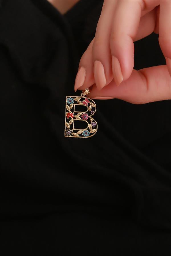 14 Ayar Altın B Harf Çiçek Kolye Ucu