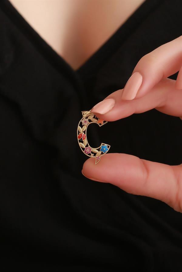 14 Ayar Altın Ç Harf Çiçek Kolye Ucu