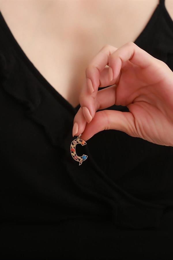 14 Ayar Altın Ç Harf Çiçek Kolye Ucu