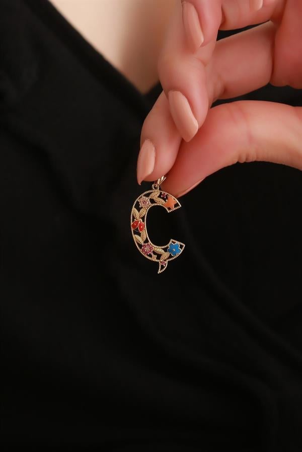 14 Ayar Altın Ç Harf Çiçek Kolye Ucu