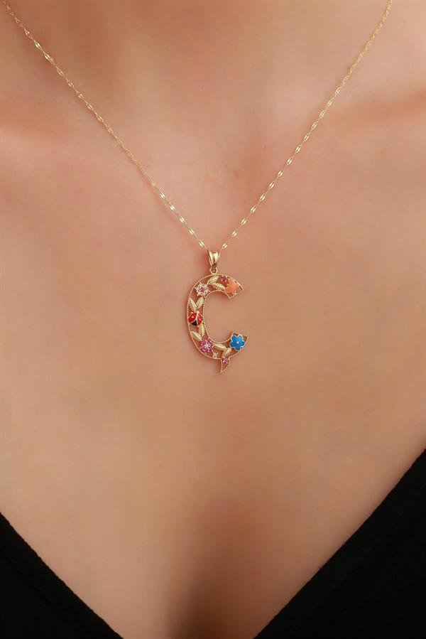 14 Ayar Altın Ç Harf Çiçek Kolye