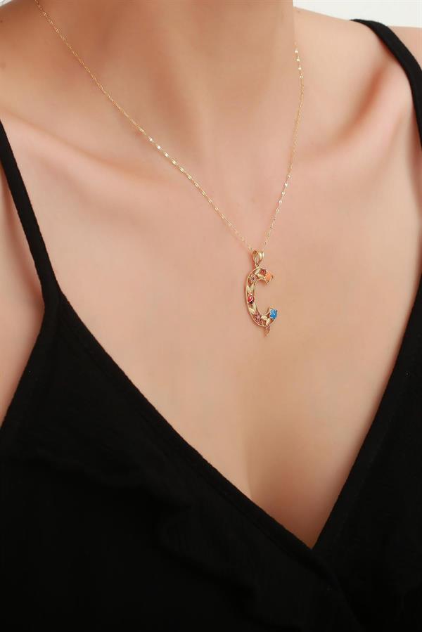 14 Ayar Altın Ç Harf Çiçek Kolye