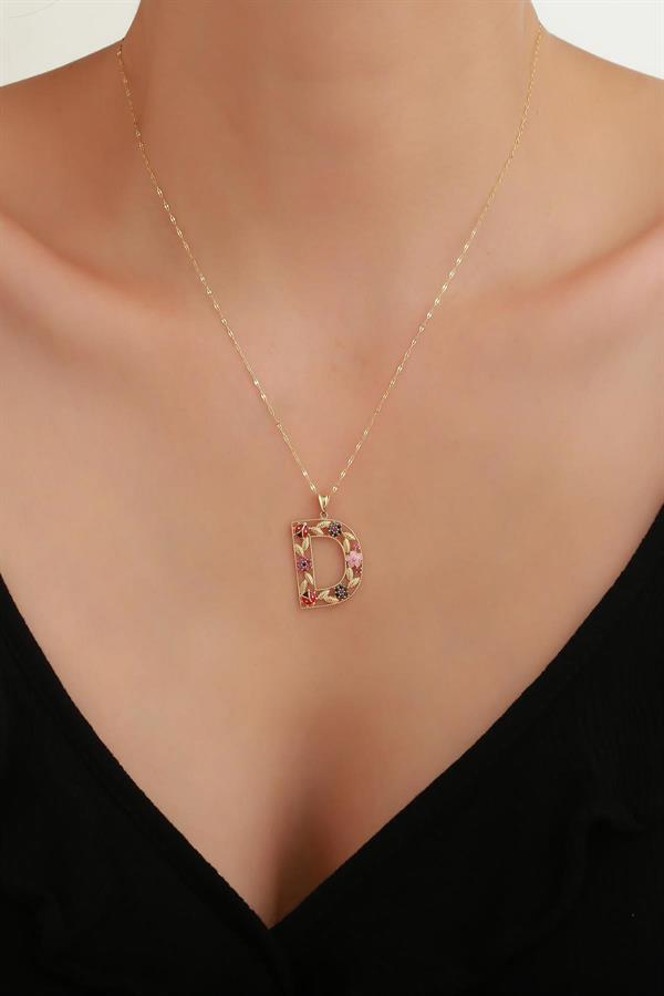 14 Ayar Altın D Harf Çiçek Kolye