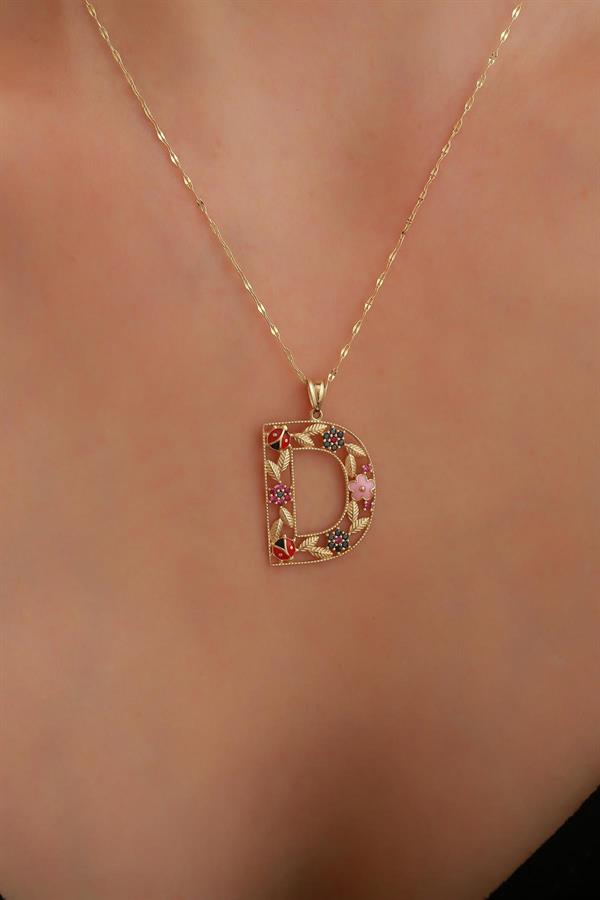 14 Ayar Altın D Harf Çiçek Kolye