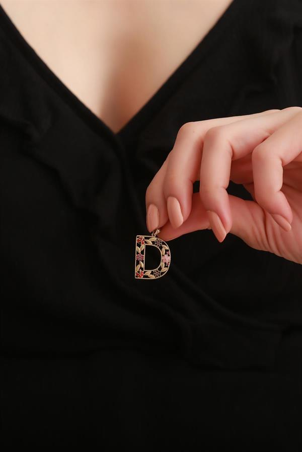 14 Ayar Altın D Harf Çiçek Kolye Ucu