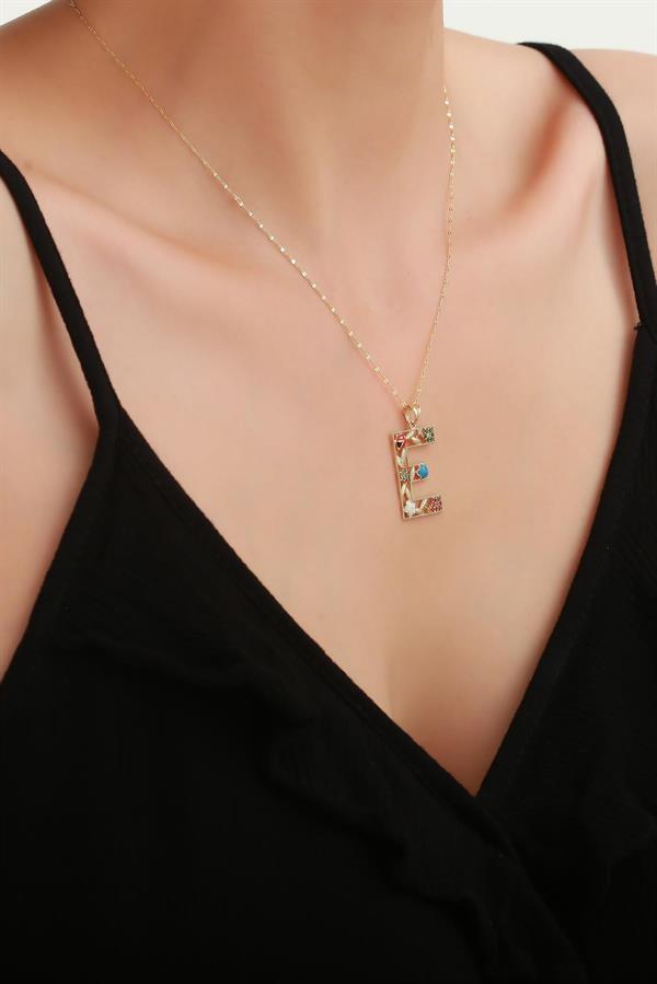 14 Ayar Altın E Harf Çiçek Kolye