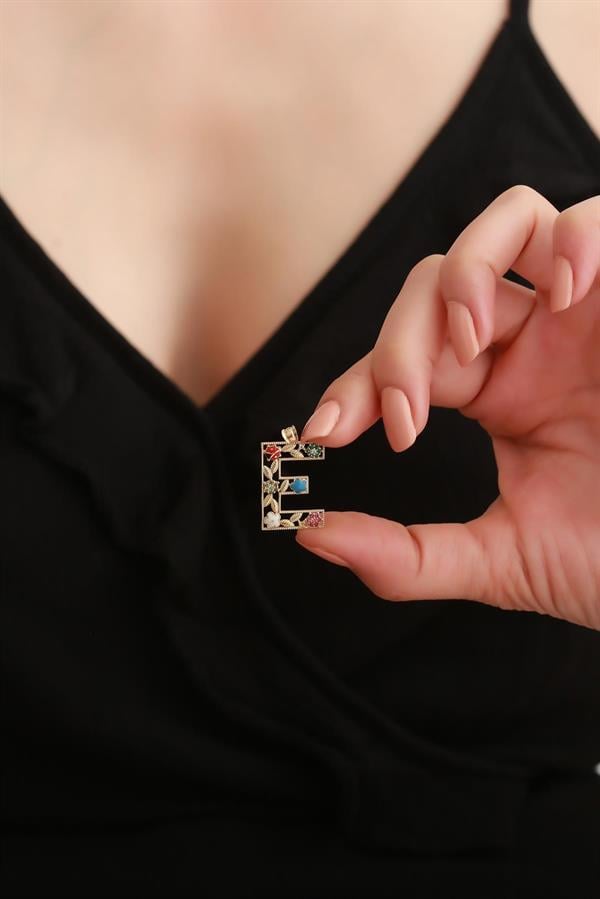 14 Ayar Altın E Harf Çiçek Kolye Ucu