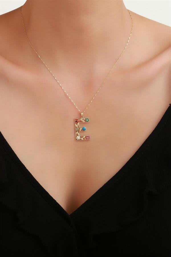 14 Ayar Altın E Harf Çiçek Kolye