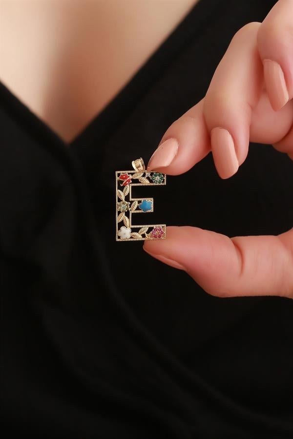 14 Ayar Altın E Harf Çiçek Kolye Ucu