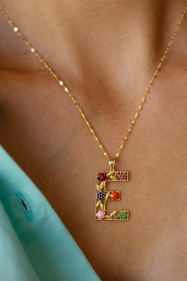 14 Ayar Altın E Harf Çiçek Kolye