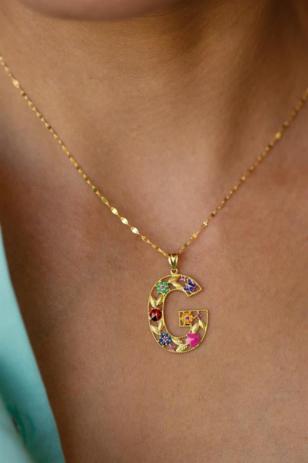 14 Ayar Altın G Harf Çiçek Kolye