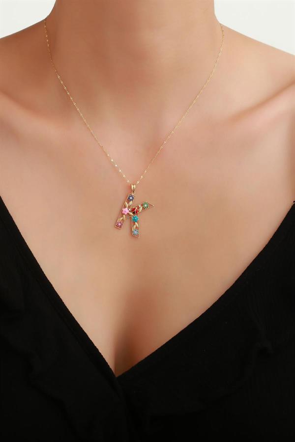 14 Ayar Altın K Harf Çiçek Kolye