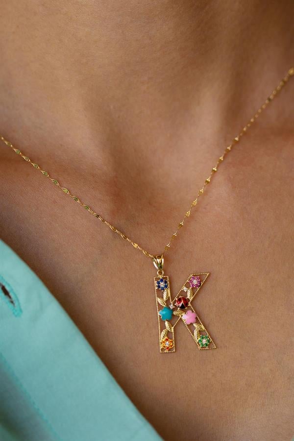 14 Ayar Altın K Harf Çiçek Kolye