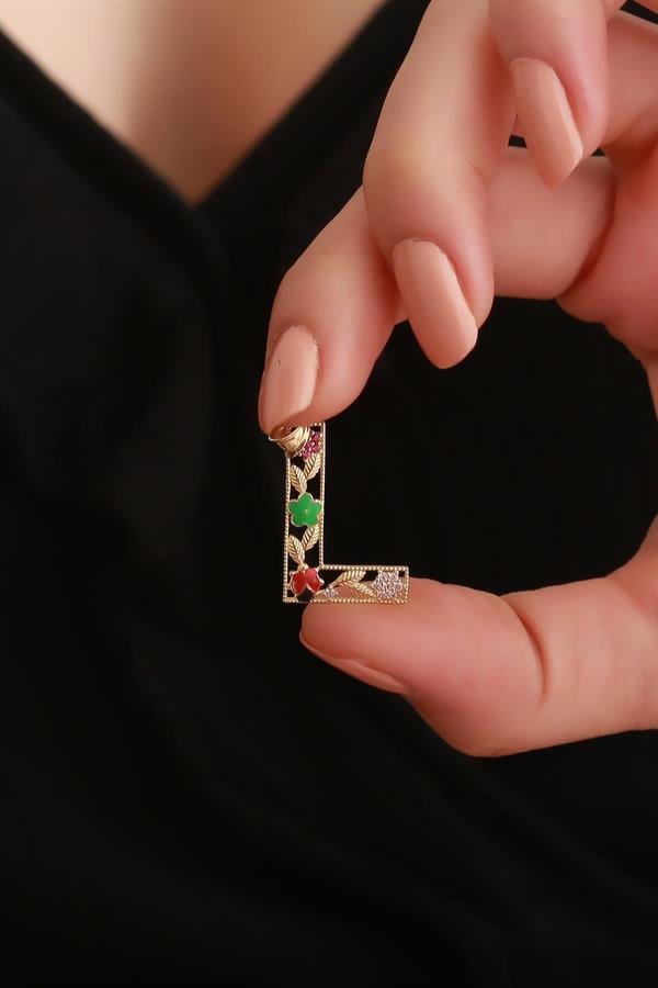 14 Ayar Altın L Harf Çiçek Kolye Ucu