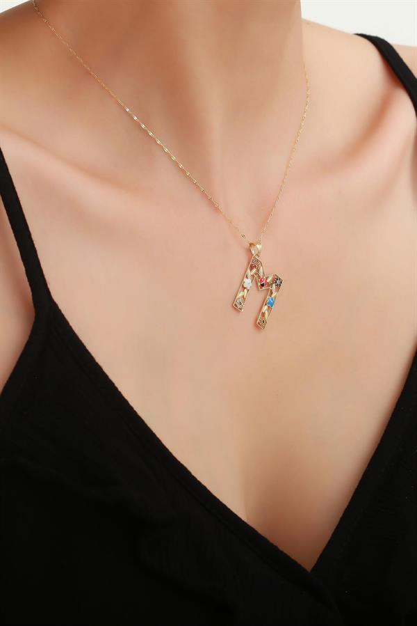 14 Ayar Altın M Harf Çiçek Kolye