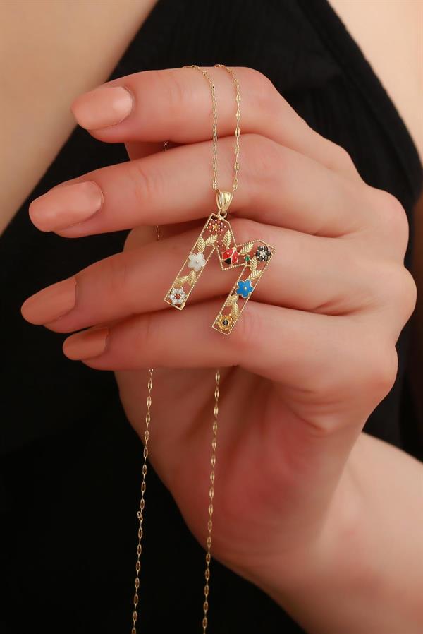 14 Ayar Altın M Harf Çiçek Kolye