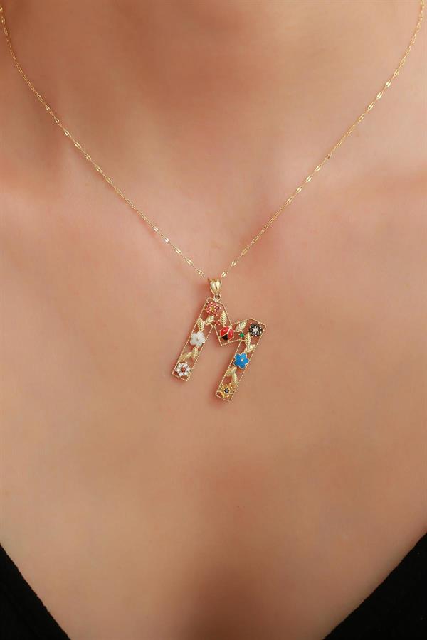 14 Ayar Altın M Harf Çiçek Kolye