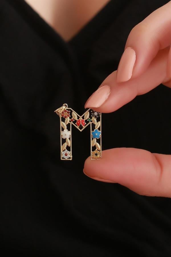 14 Ayar Altın M Harf Çiçek Kolye Ucu