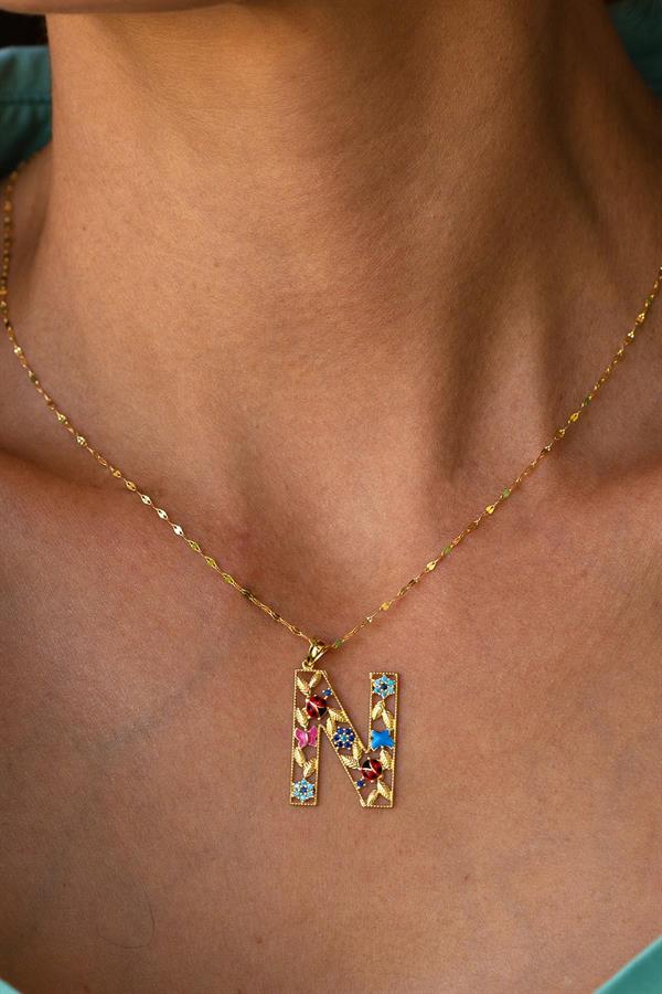 14 Ayar Altın N Harf Çiçek Kolye