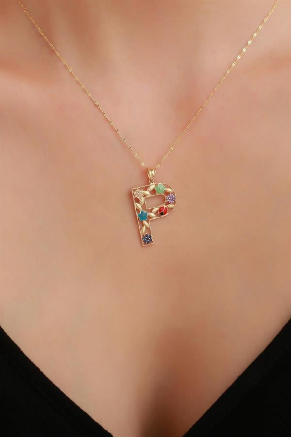 14 Ayar Altın P Harf Çiçek Kolye