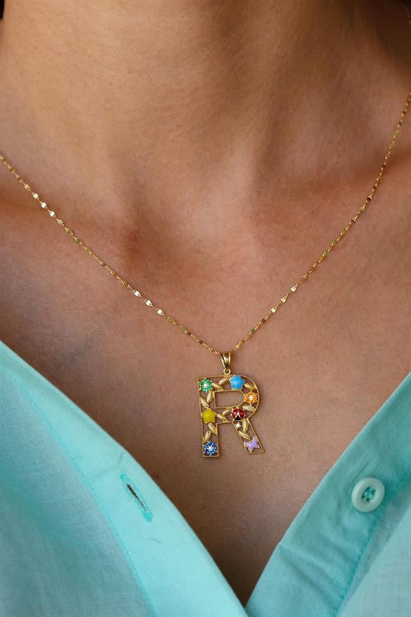 14 Ayar Altın R Harf Çiçek Kolye