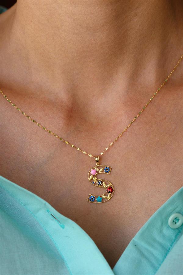 14 Ayar Altın S Harf Çiçek Kolye