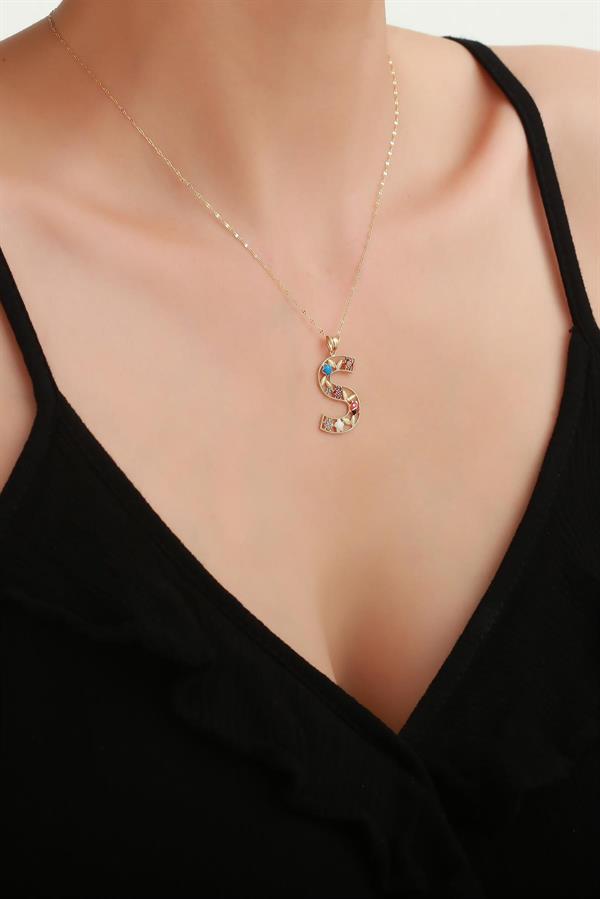 14 Ayar Altın S Harf Çiçek Kolye