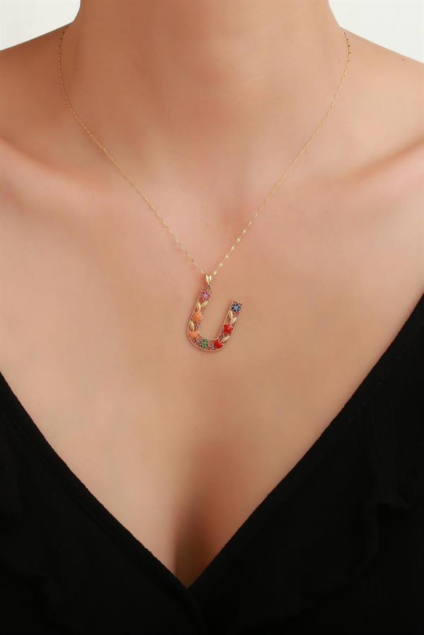 14 Ayar Altın U Harf Çiçek Kolye