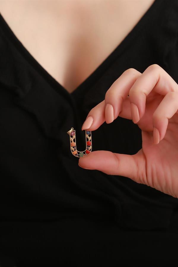 14 Ayar Altın U Harf Çiçek Kolye Ucu