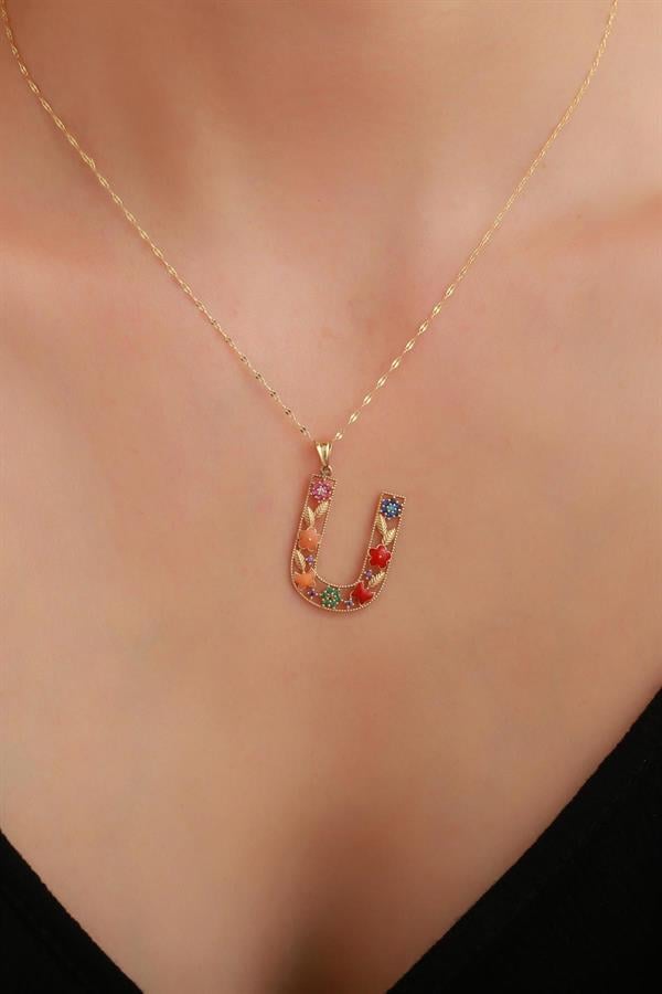 14 Ayar Altın U Harf Çiçek Kolye