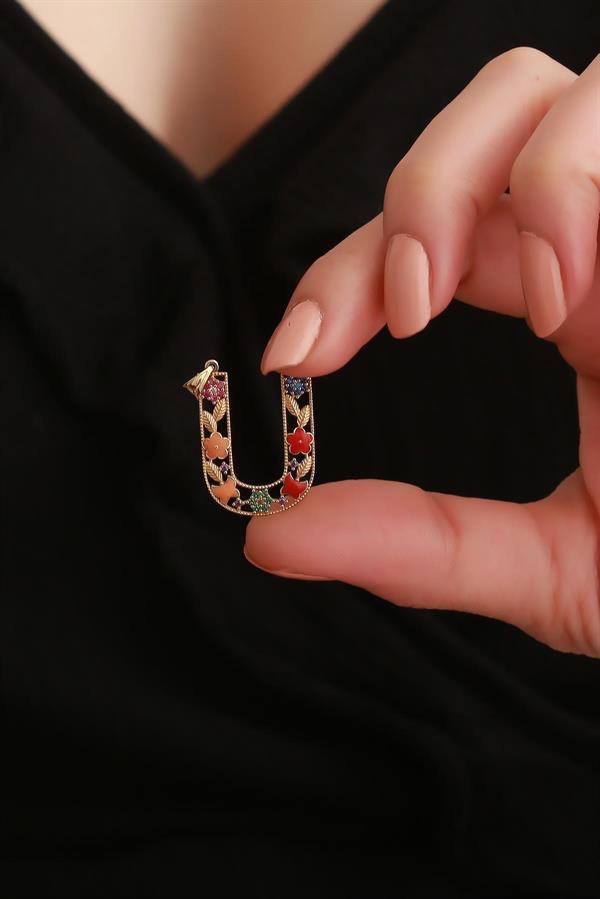 14 Ayar Altın U Harf Çiçek Kolye Ucu