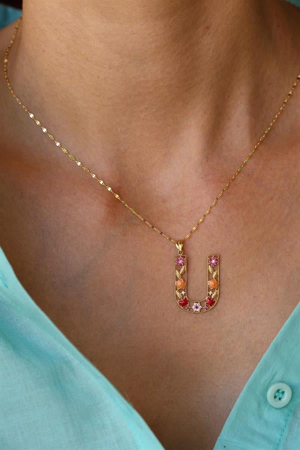 14 Ayar Altın U Harf Çiçek Kolye