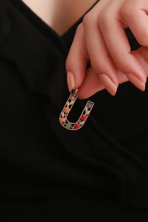 14 Ayar Altın U Harf Çiçek Kolye Ucu