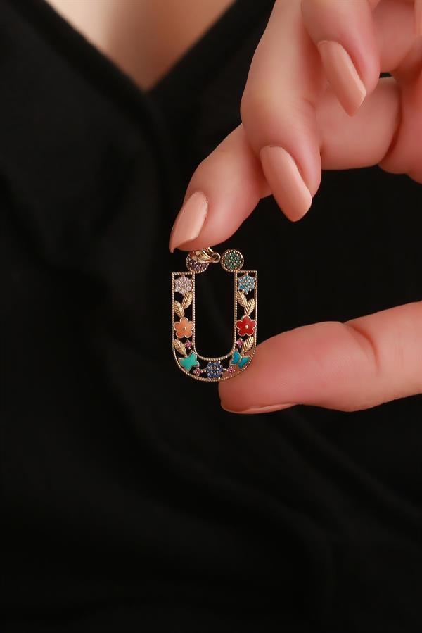 14 Ayar Altın Ü Harf Çiçek Kolye Ucu