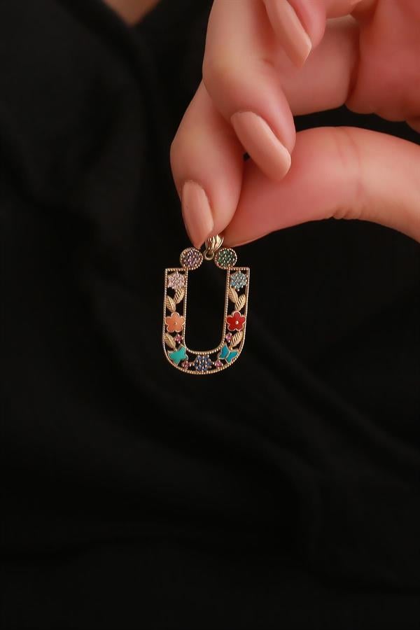 14 Ayar Altın Ü Harf Çiçek Kolye Ucu