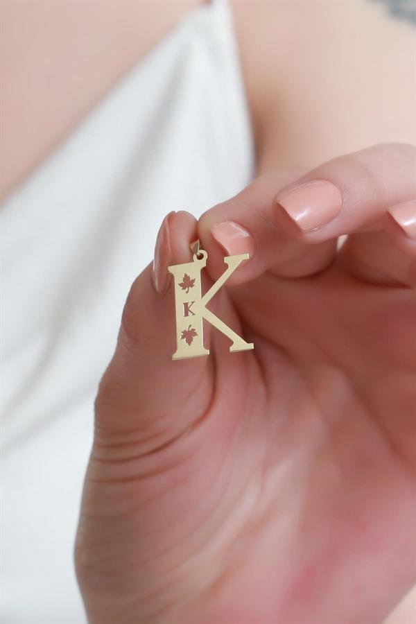 14 Ayar Altın K Harf Çınar Yaprağı Kolye Ucu