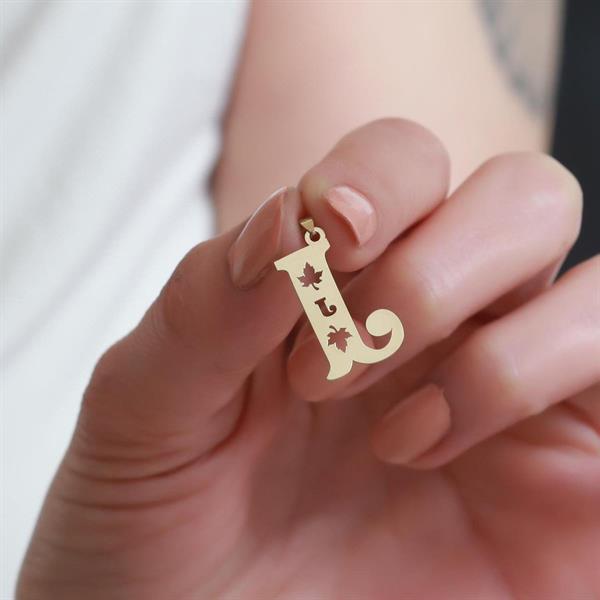 14 Ayar Altın L Harf Çınar Yaprağı Kolye Ucu