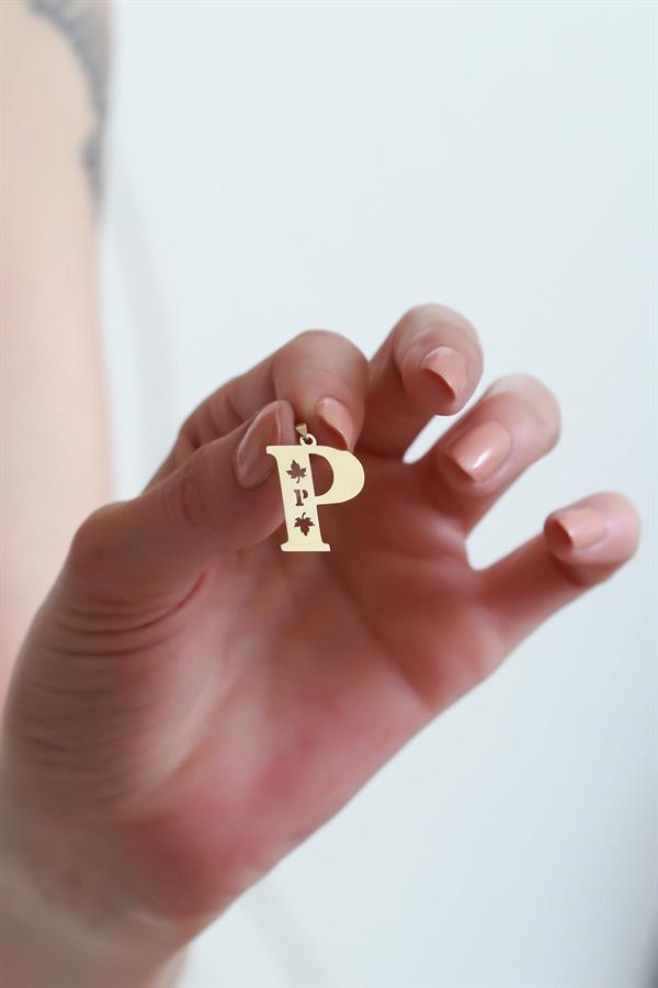 14 Ayar Altın P Harf Çınar Yaprağı Kolye Ucu