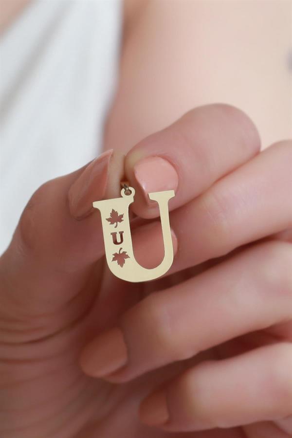 14 Ayar Altın U Harf Çınar Yaprağı Kolye Ucu