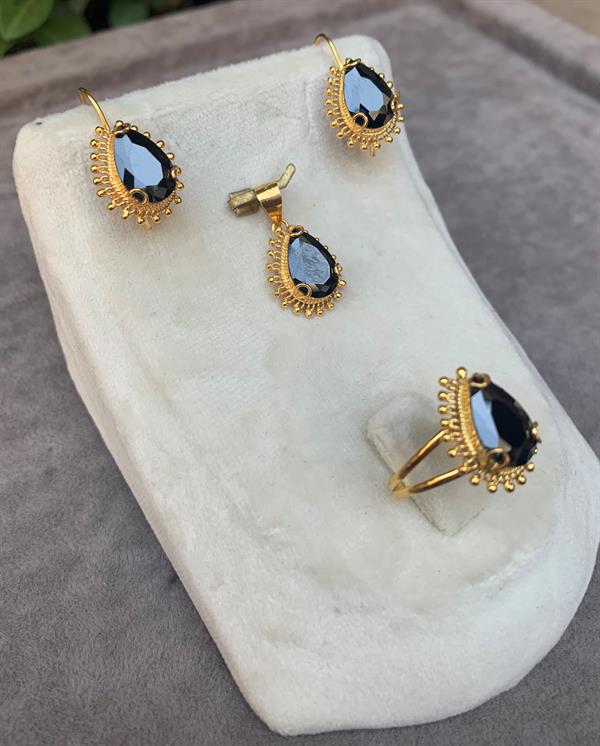 14 Ayar Altın Damla Model Oniks Taşlı Set