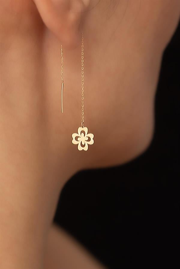 14 Ayar Altın Dört Yapraklı Yonca Zincir Küpe