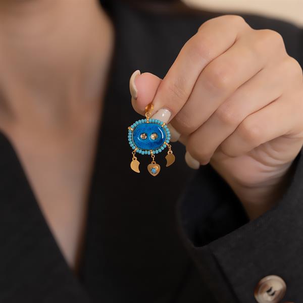 14K Solid Gold Turquoise Beaded Syriac Evil Eye Double Eyed Pendant