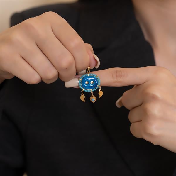 14K Solid Gold Turquoise Beaded Syriac Evil Eye Double Eyed Pendant