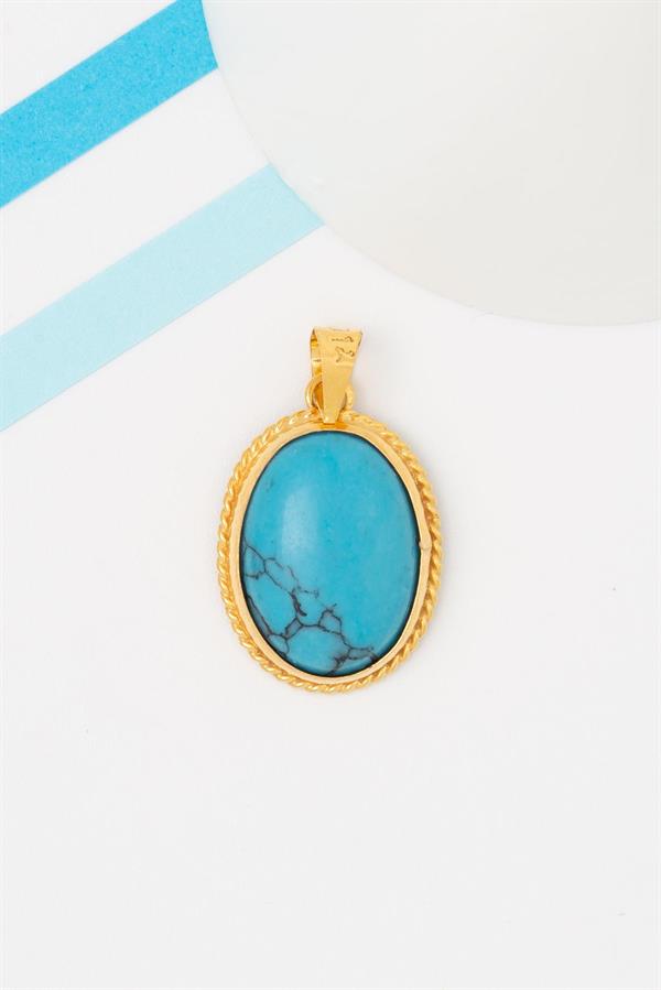 14K Solid Gold Turquoise Stone Handmade Necklace Pendant