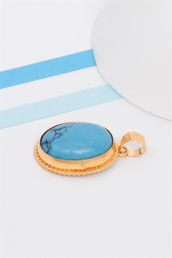14K Solid Gold Turquoise Stone Handmade Necklace Pendant